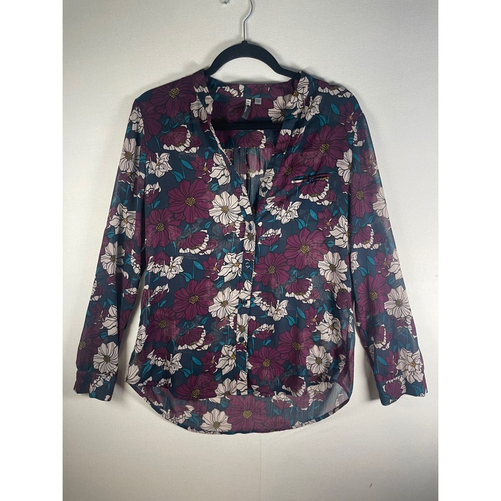 KUT from the Kloth Floral Sheer Button Down Blouse Plum Teal Small - Picture 2 of 7